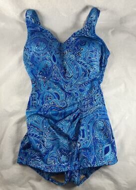 Roxanne Blue Paisley Swimsuit Metallic Accents Pin Tucked 36 D Cup Size 14